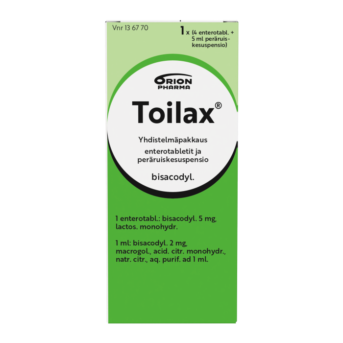 TOILAX YHDISTELMÄPAKKAUS enterotabletti ja peräruiskesuspensio 5 mg + 2 mg/ml 4 fol + 5 ml kuva 10